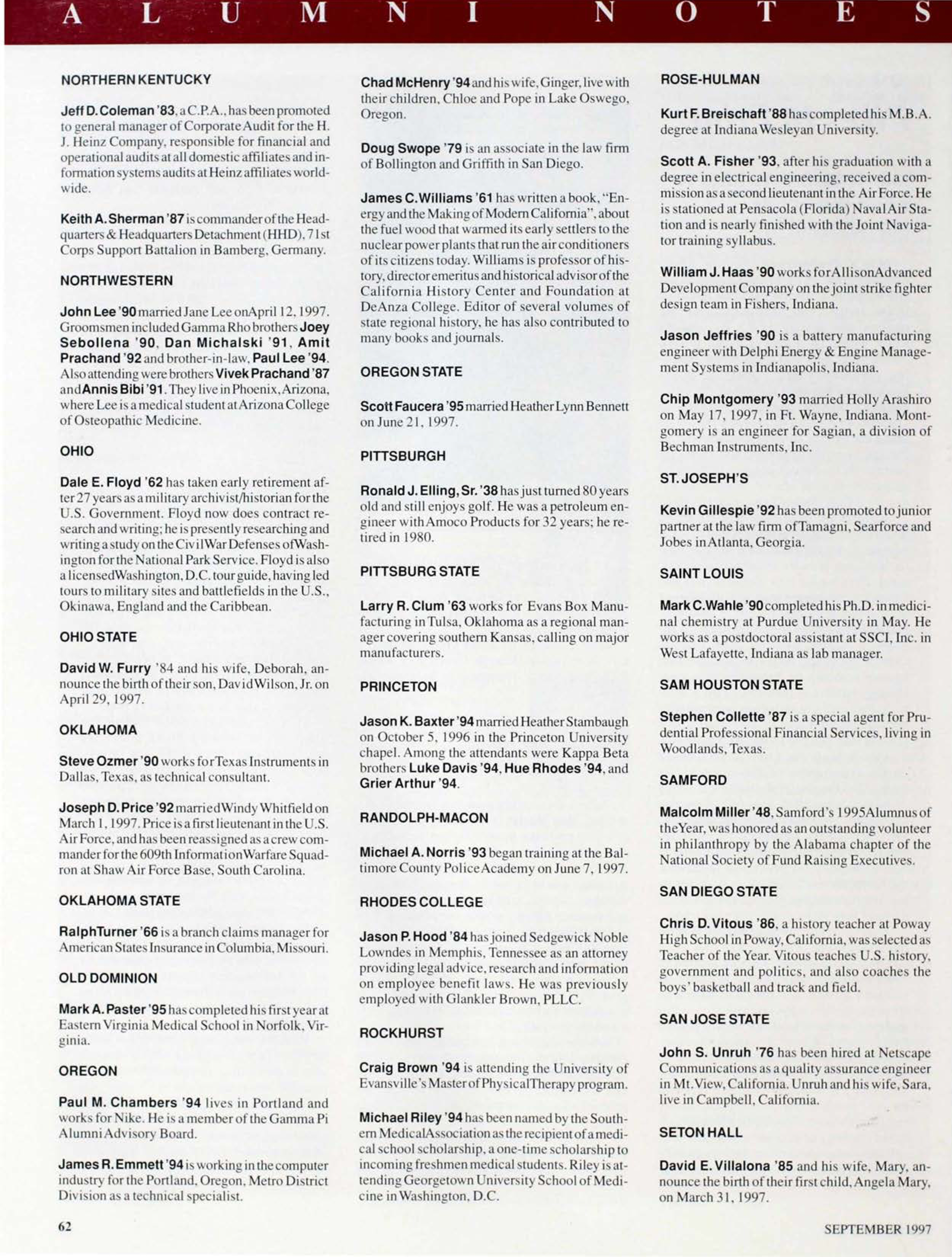 Alumni Notes, Continued, September 1997